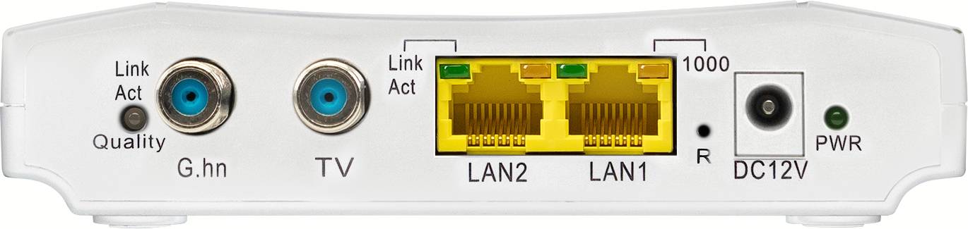 Rückseite eines Netzwerkadapters mit Anschlüssen: G.hn, TV, zwei LAN-Ports, Netzteilanschluss. LEDs zeigen Link- und Aktivitätsstatus.