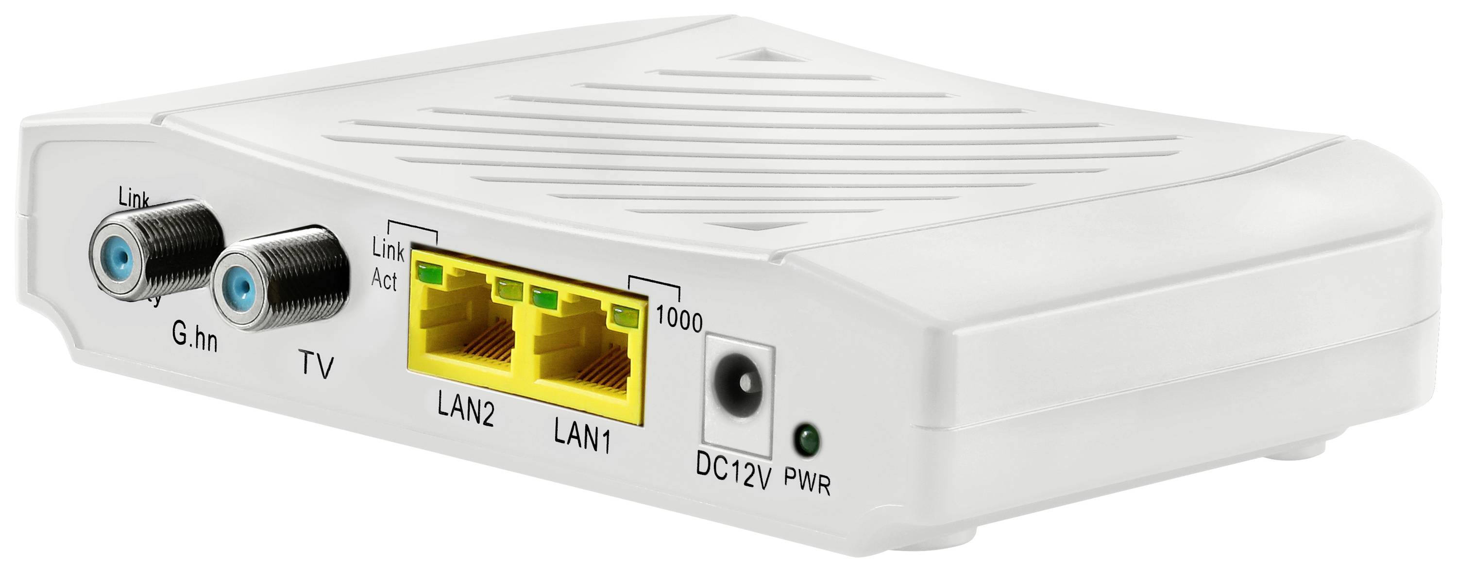 Ein weißer Netzwerkadapter mit Anschlüssen: zwei Koaxial für 'Link' und 'TV', zwei gelbe LAN-Ports, und ein Stromanschluss.