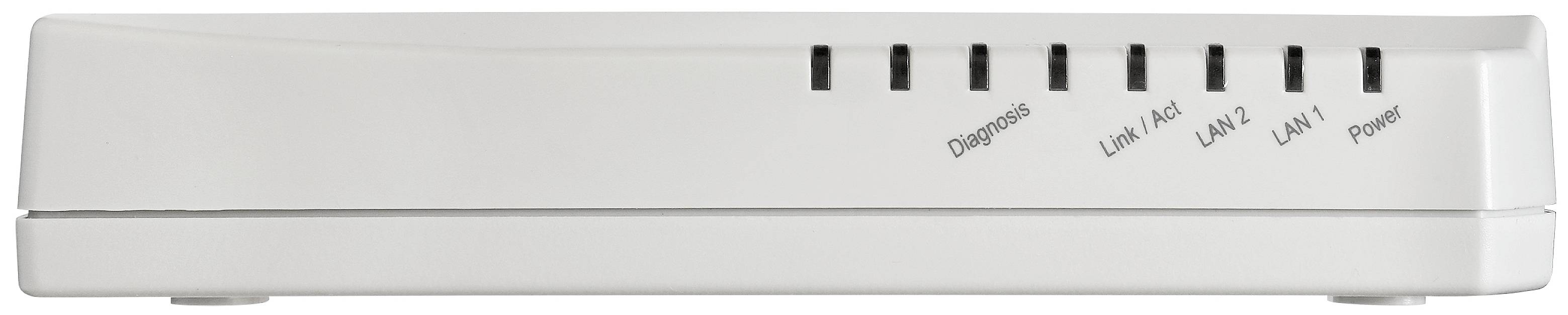 Ein weißes Modem mit LED-Anzeigen für 'Diagnose', 'Line/ADSL', 'LAN1', 'LAN2' und 'Power', die den Status der Verbindungen zeigen.