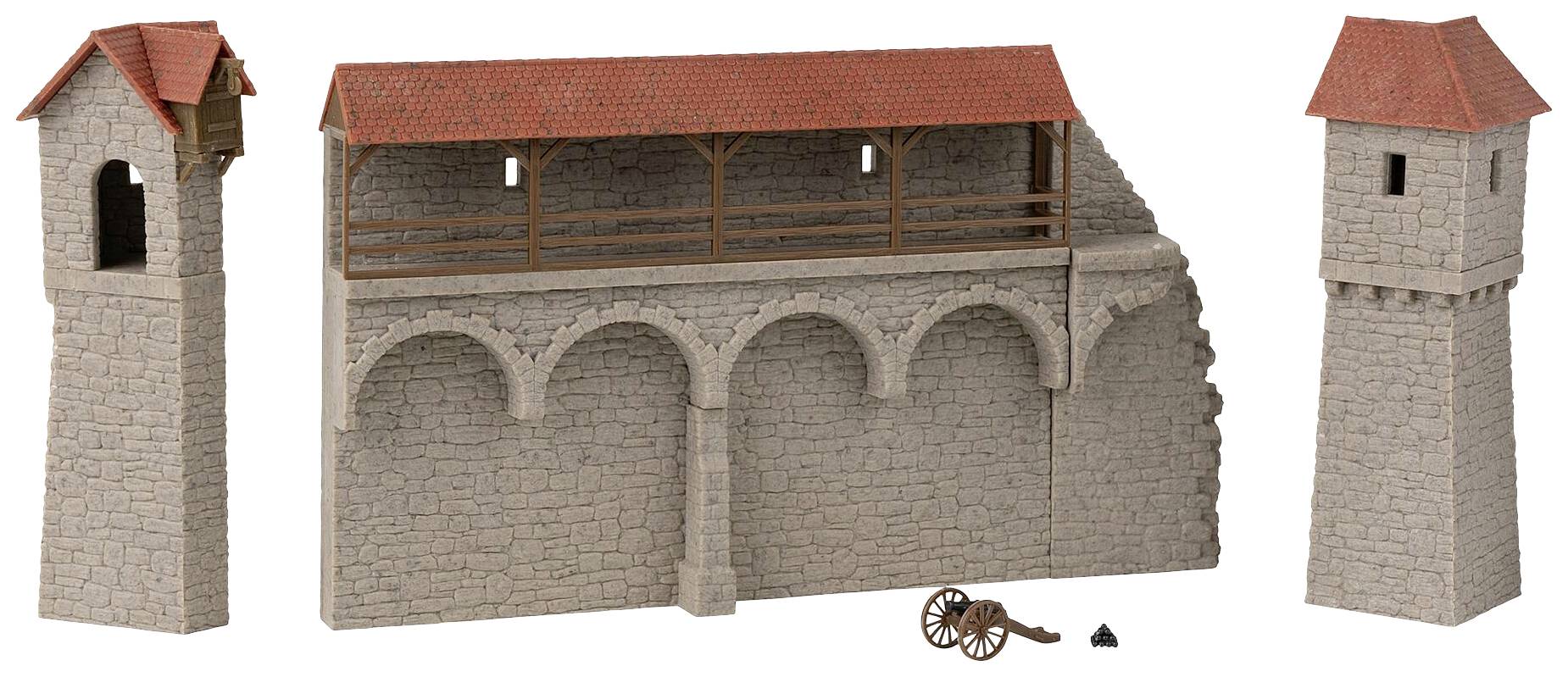 Modell einer mittelalterlichen Stadtmauer mit zwei Türmen und einem Wehrgang. Vorderseite mit Bögen, kleine Kanone im Vordergrund.