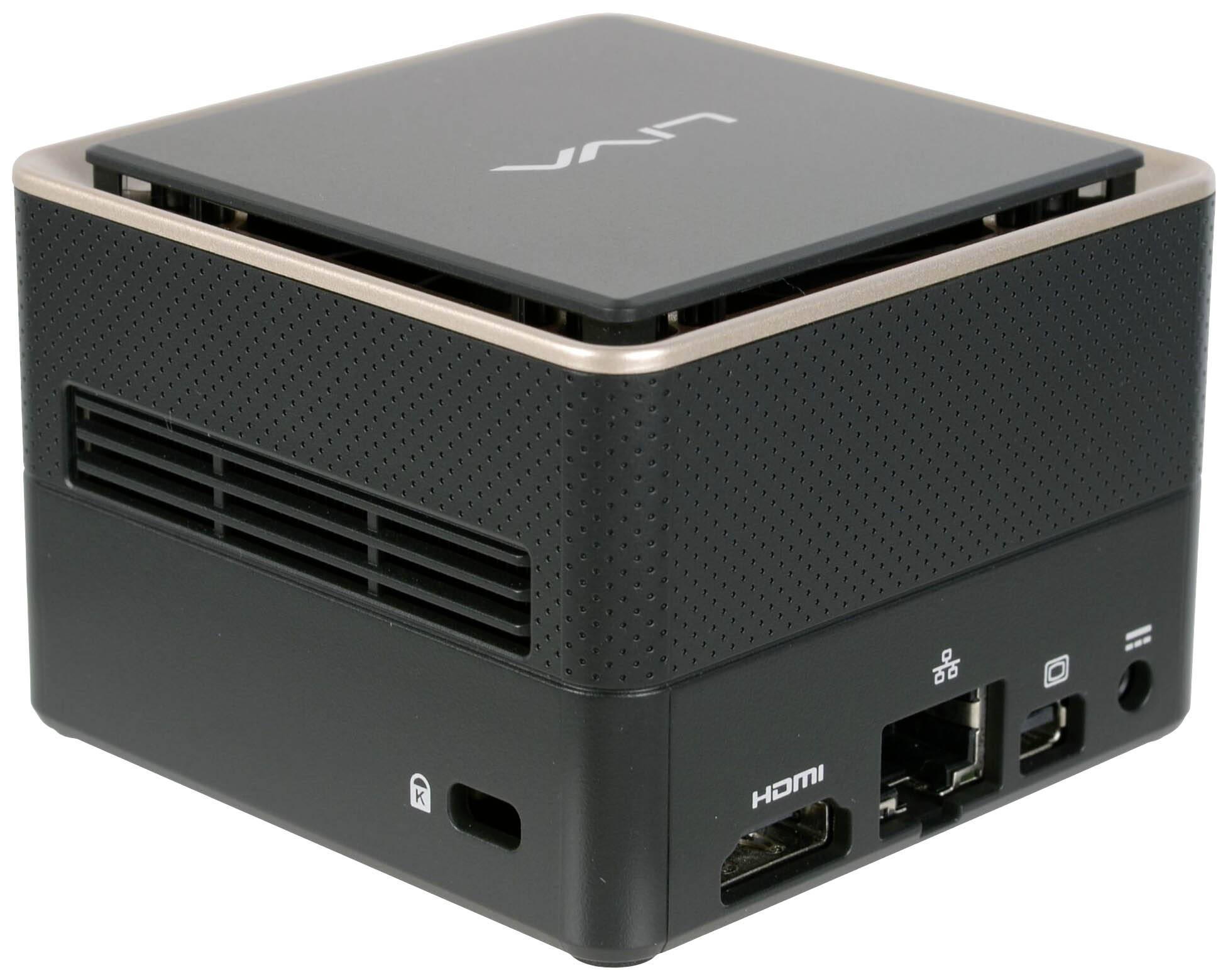 Ein kompakter, schwarzer Mini-PC mit Anschlüssen, darunter HDMI und USB, und einem eleganten Design für den platzsparenden Einsatz.