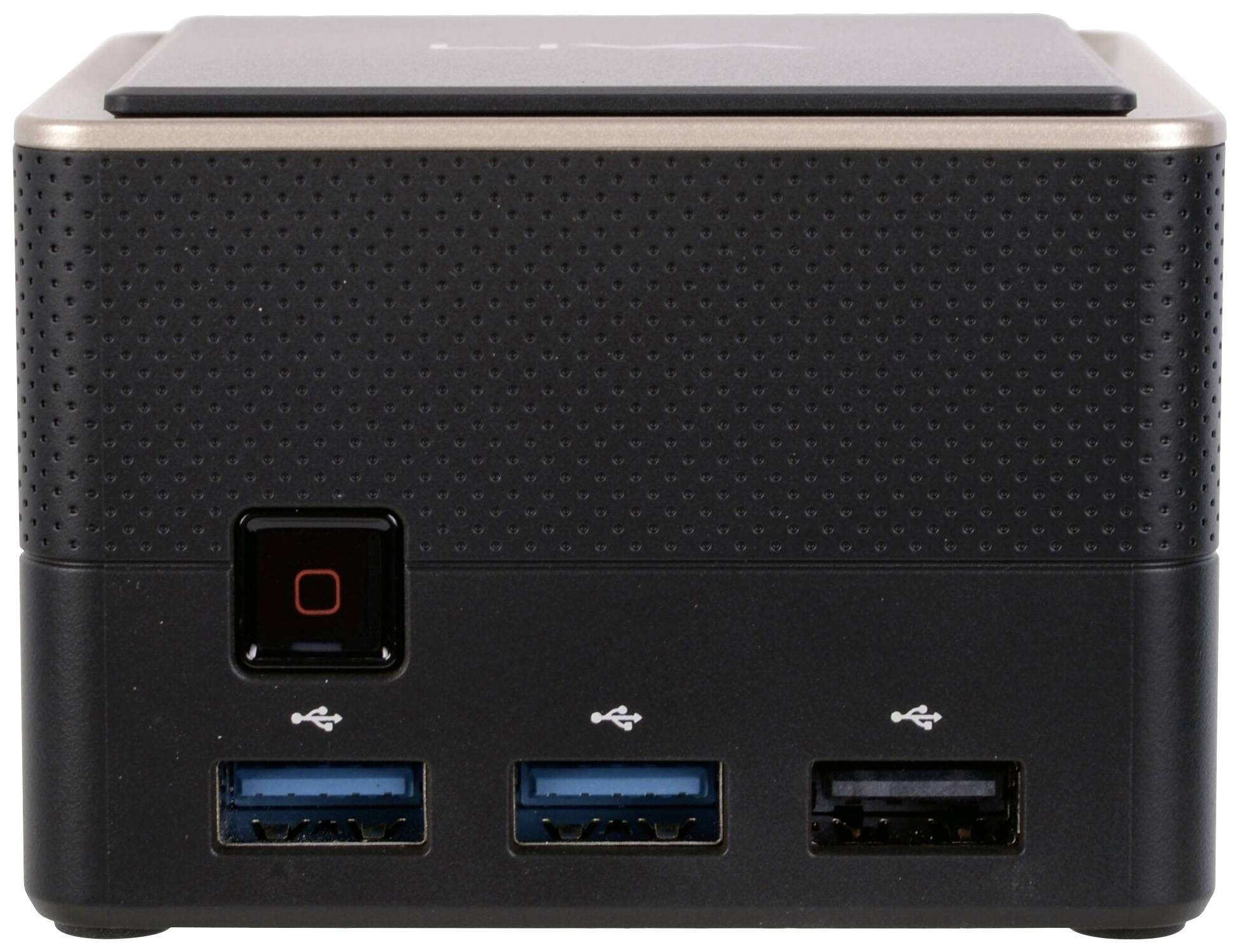 Rückseite eines schwarzen Mini-PCs mit drei USB-Anschlüssen und einem Ein-/Ausschalter. Tech-Gerät auf weißem Hintergrund.