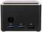 Rückseite eines schwarzen Mini-PCs mit drei USB-Anschlüssen und einem Ein-/Ausschalter. Tech-Gerät auf weißem Hintergrund.