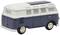 Spielzeugmodell eines blauen und weißen VW-Busses im Retro-Stil, seitliche Ansicht, auf neutralem Hintergrund.