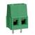 Grüne zweipolige Leiterplattenklemme aus Kunststoff mit metallenen Anschlüssen sichtbar, verwendet in elektronischen Anwendungen.