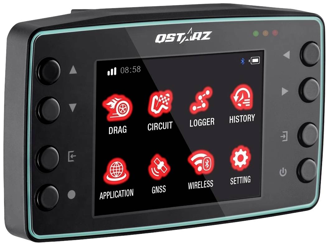 Elektronisches Gerät mit einem Bildschirm, der acht Symbole anzeigt, darunter 'Drag', 'Circuit' und 'Logger'. Steuerknöpfe an den Seiten.