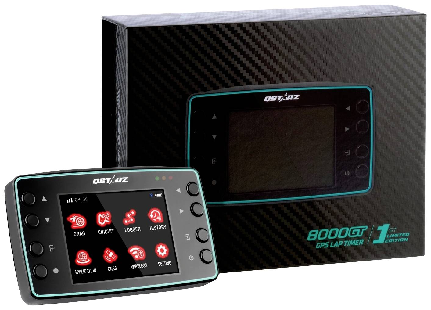 'GPS Laptimer 8000GT' von Oster Electronics, schwarz und blau, mit beleuchtetem Bildschirm und mehreren Funktionstasten. Verpackung im Hintergrund.