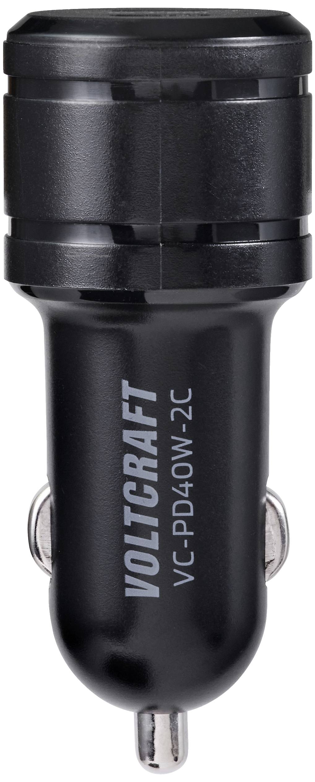 Schwarzes Voltcraft-Autoladegerät mit zwei USB-Anschlüssen, Modell VC-PD40W-2C. Geeignet zum Aufladen von Geräten während der Fahrt.