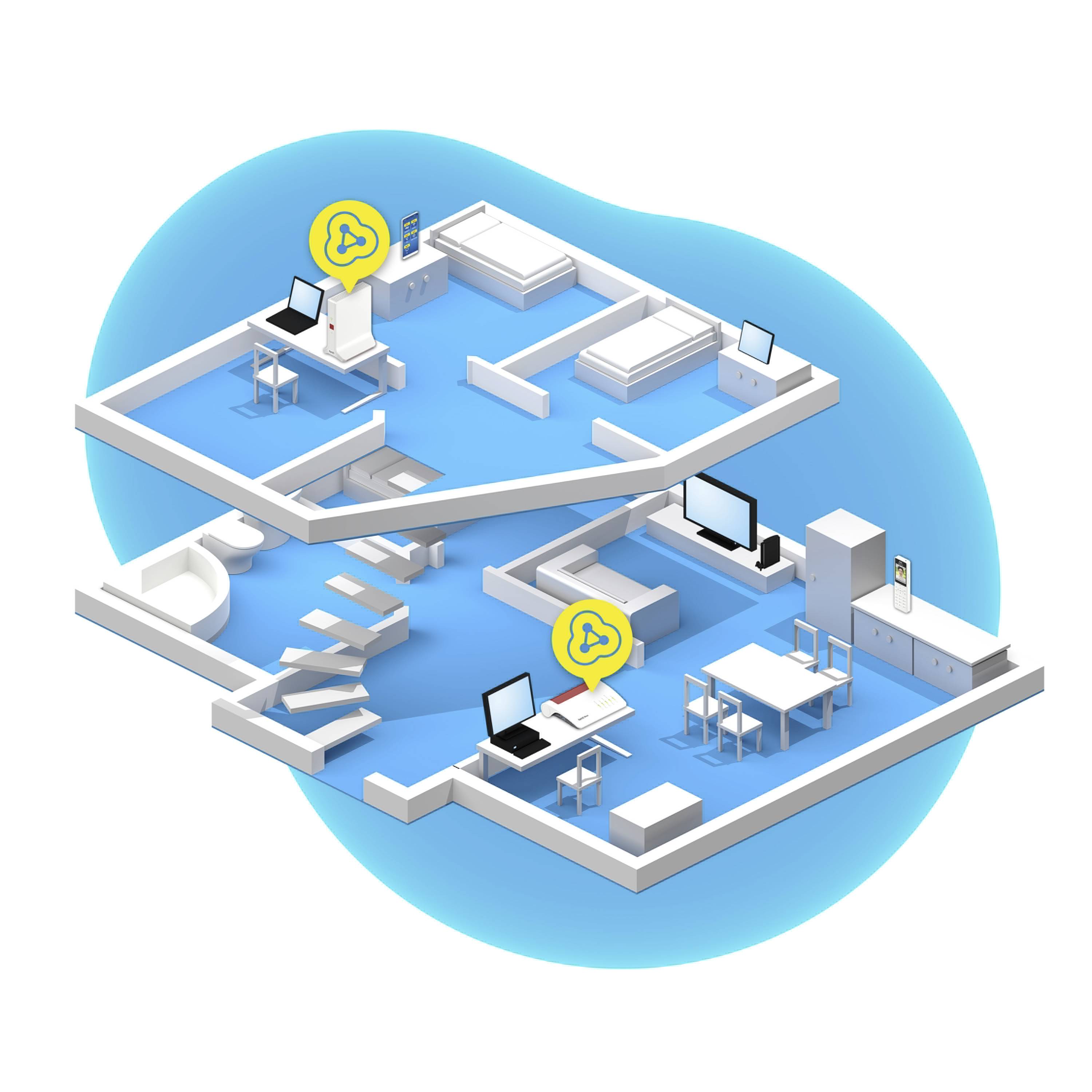 '3D-Grundriss eines Hauses mit zwei Etagen. Oben Arbeitsräume mit Computern, unten Essbereich. Gelbe Glockensymbole markieren Arbeitsbereiche.'