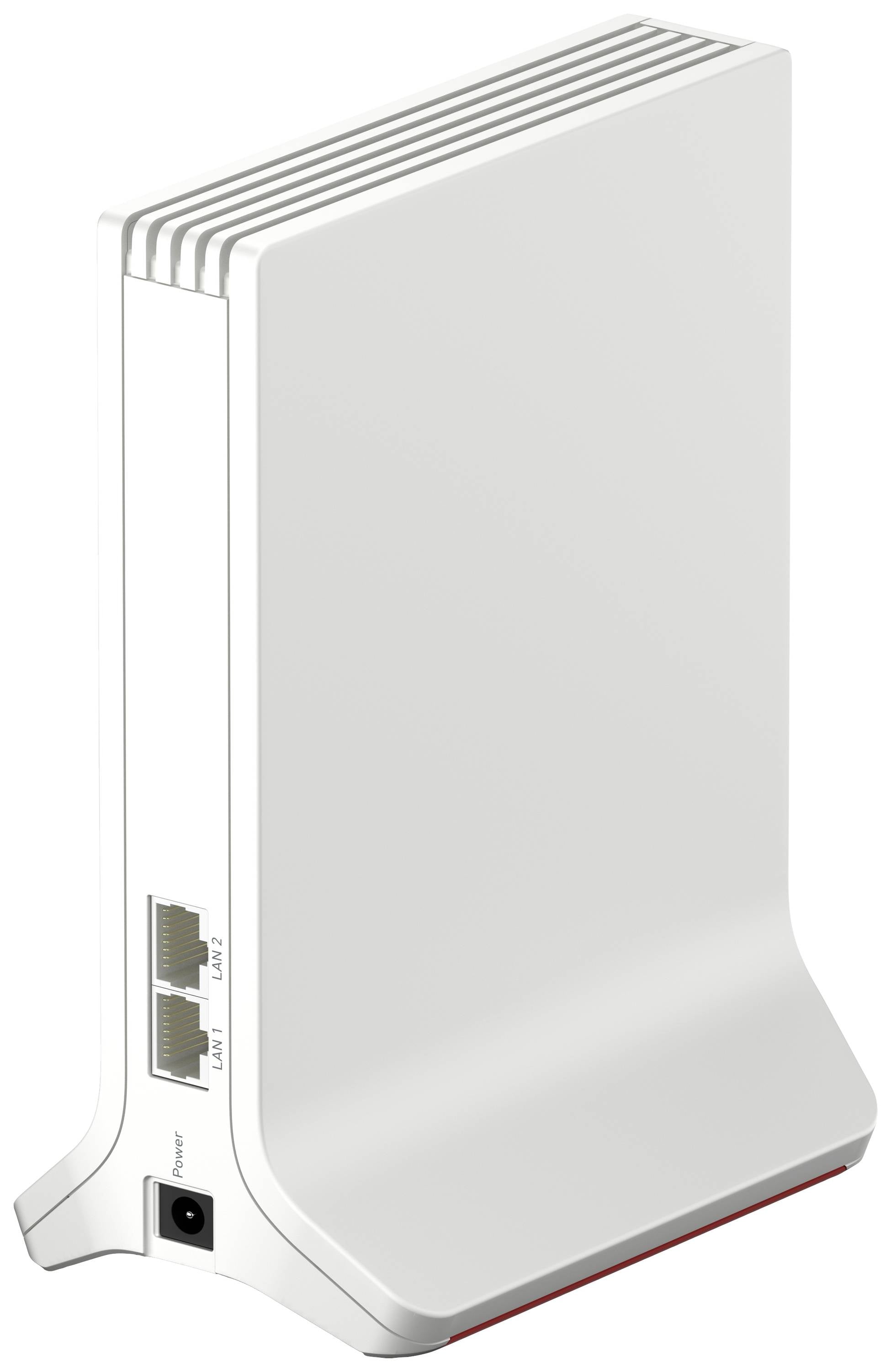 Ein weißer WLAN-Router mit zwei Ethernet-Anschlüssen und einem Stromanschluss an der Rückseite.