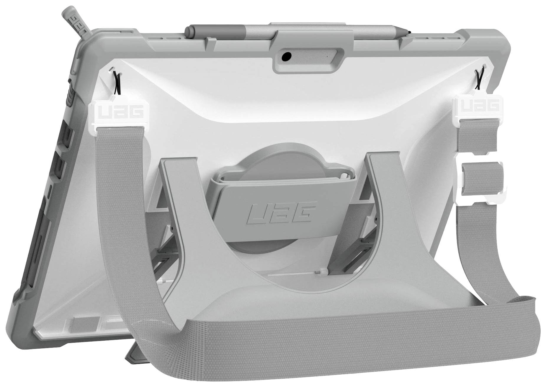 Tablet-Hülle von hinten mit integriertem Ständer und Stifthalter. Enthält verstellbare, elastische Gurte für zusätzlichen Halt.