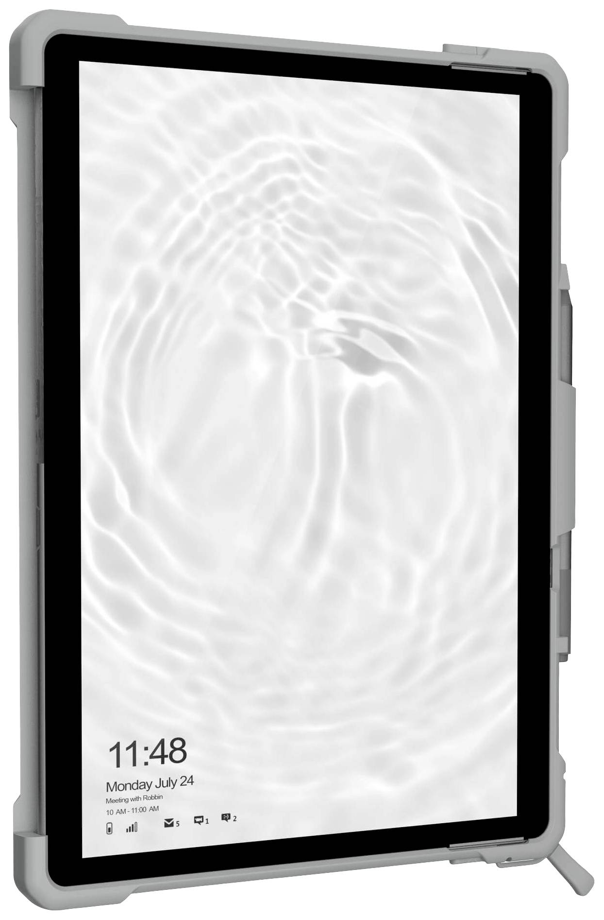 Ein Tablet mit einem weißen Bildschirm und Welleneffekt. Unten links zeigt es die Uhrzeit 11:48 und das Datum Montag, 24. Juli an.