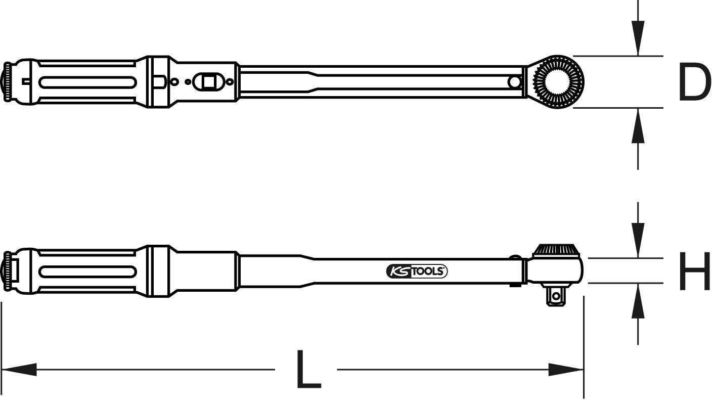'Illustration eines Drehmomentschlüssels mit Teilebeschriftung: Griff, Hebel, Skala und Kopf. Maße: Länge L, Höhe H, Durchmesser D.'