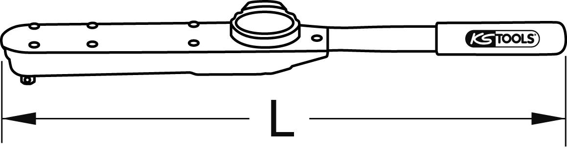 Illustration eines Drehmomentschlüssels von KS Tools mit verstellbarem Hebelarm, dargestellt mit einem Maßpfeil für die Länge 'L'.