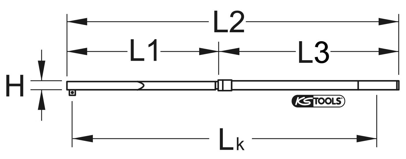 Diagramm eines verstellbaren Drehmomentschlüssels mit Maßen L1, L2, L3, H und Lk. Enthält das Logo von KS Tools.