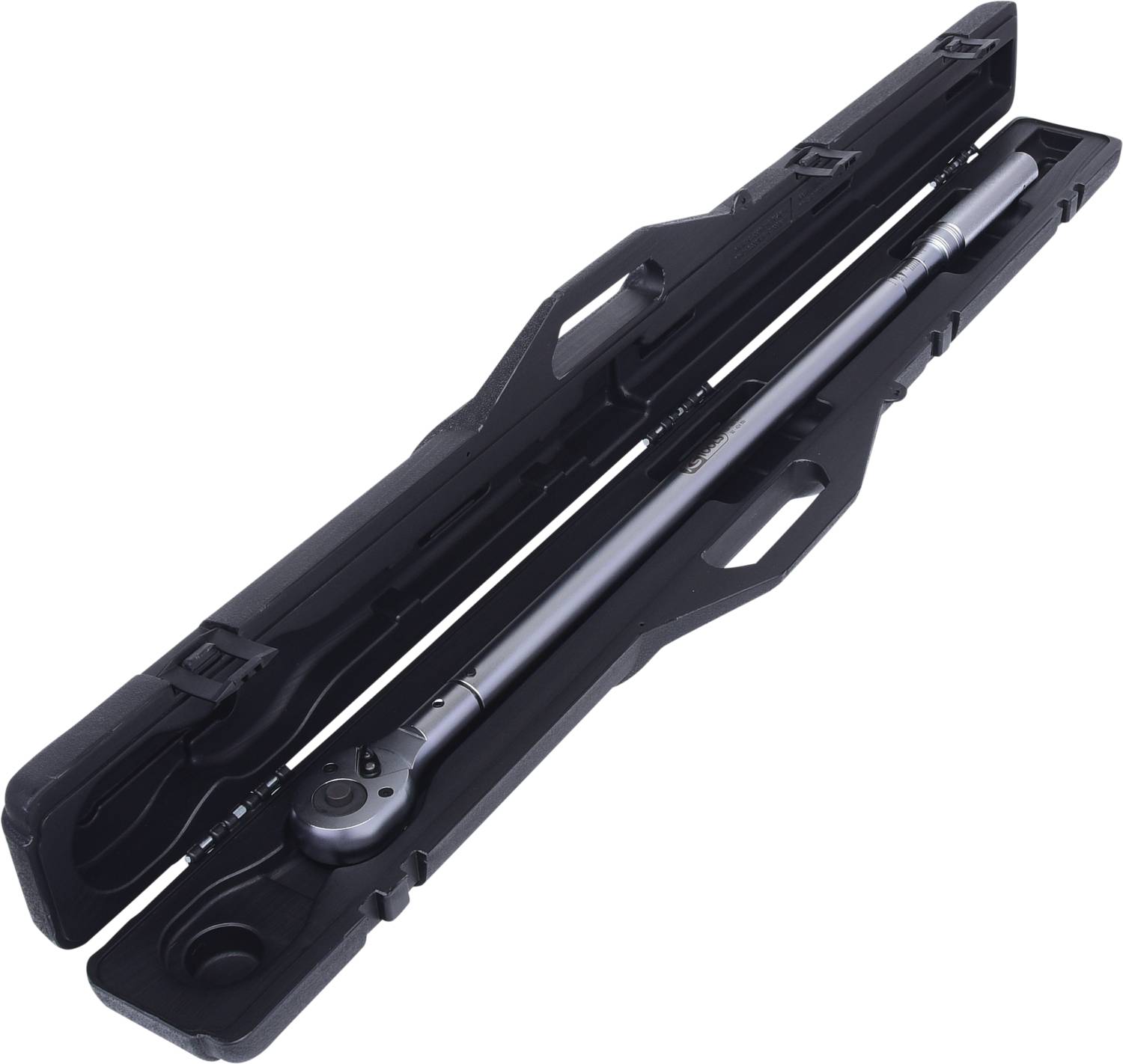 'Drehmomentschlüssel in einem schwarzen Etui, geöffnet. Das Werkzeug ist lang und aus Metall, geeignet zum präzisen Anziehen von Schrauben.'