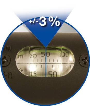 Winkelmesser-Anzeige mit zentrischer Wasserwaage zeigt 50 Grad an. Toleranzbereich angegeben als '±/-3%'.