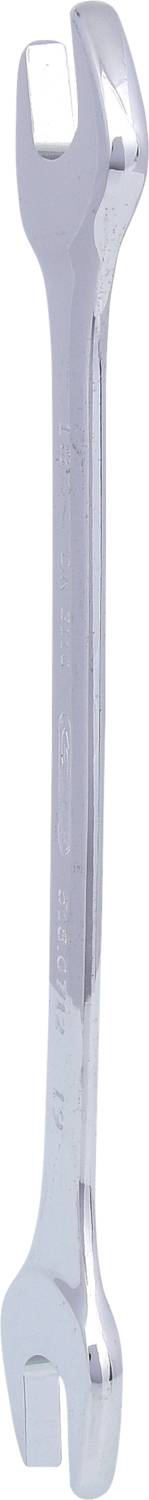Ein silberner Schraubenschlüssel, Ansicht von der Seite, mit offenen Enden an beiden Enden.