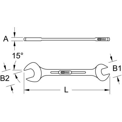 Abbildung eines Ringschlüssels mit Winkeldetails: A = Schlüsselkopf 15° geneigt, B1/B2 = Kopfbreiten, L = Gesamtlänge.