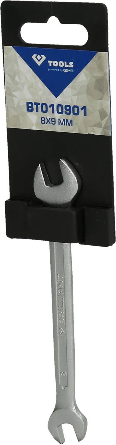 Ein Schraubenschlüssel in einem schwarzen Halter aus Kunststoff, etikettiert mit 'BT010901 8X9 MM', silberne Farbe.