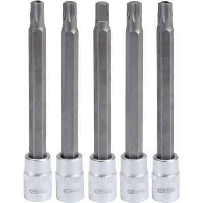 Fünf lange Steckbits unterschiedlicher Formen aufgereiht; geeignet für diverse Schraubentypen. Metallische Oberfläche, silberne Basis.