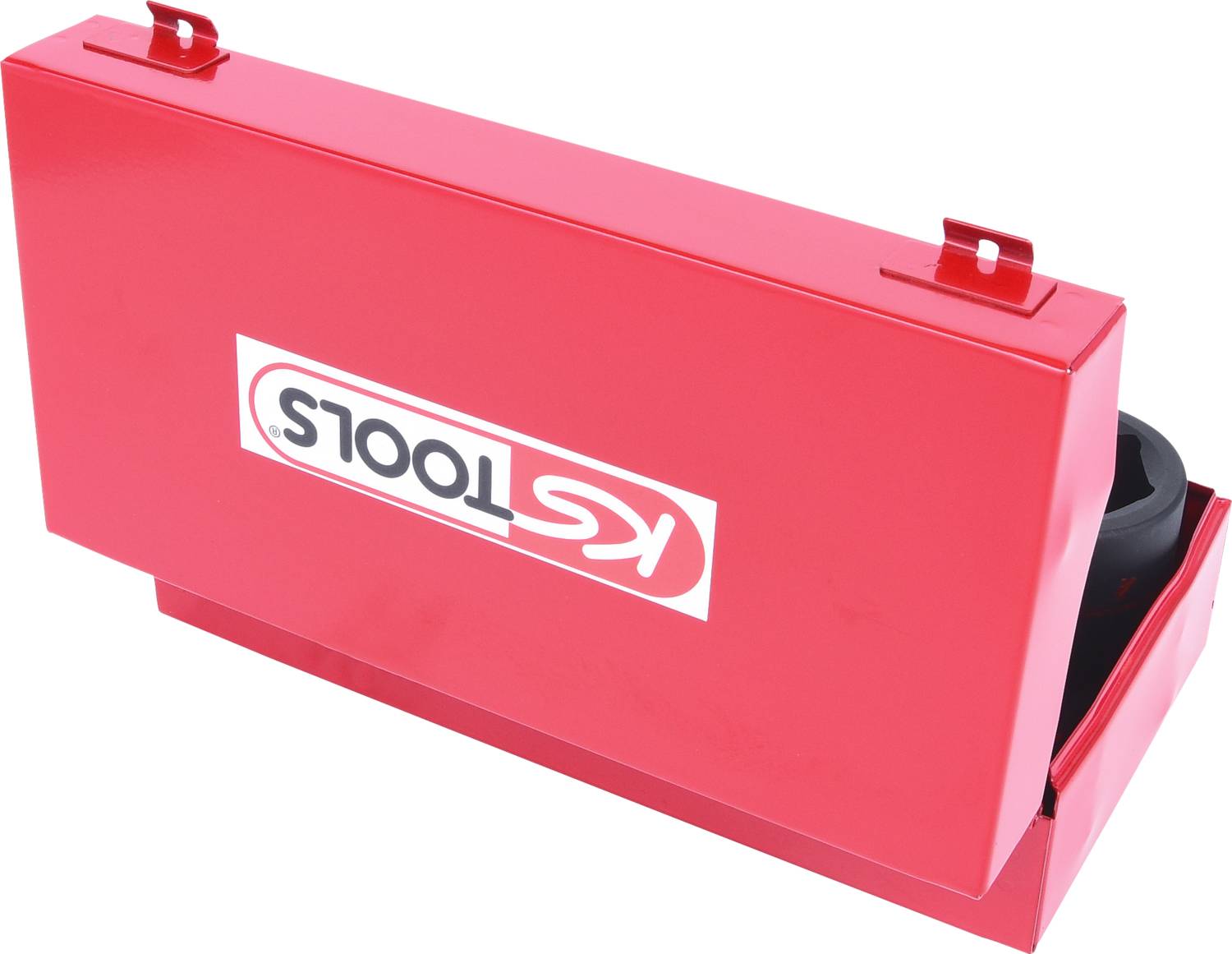 Ein roter Werkzeugkasten mit dem Logo 'KS TOOLS' auf der Vorderseite. Der Kasten ist leicht geöffnet und einige Werkzeuge sind sichtbar.