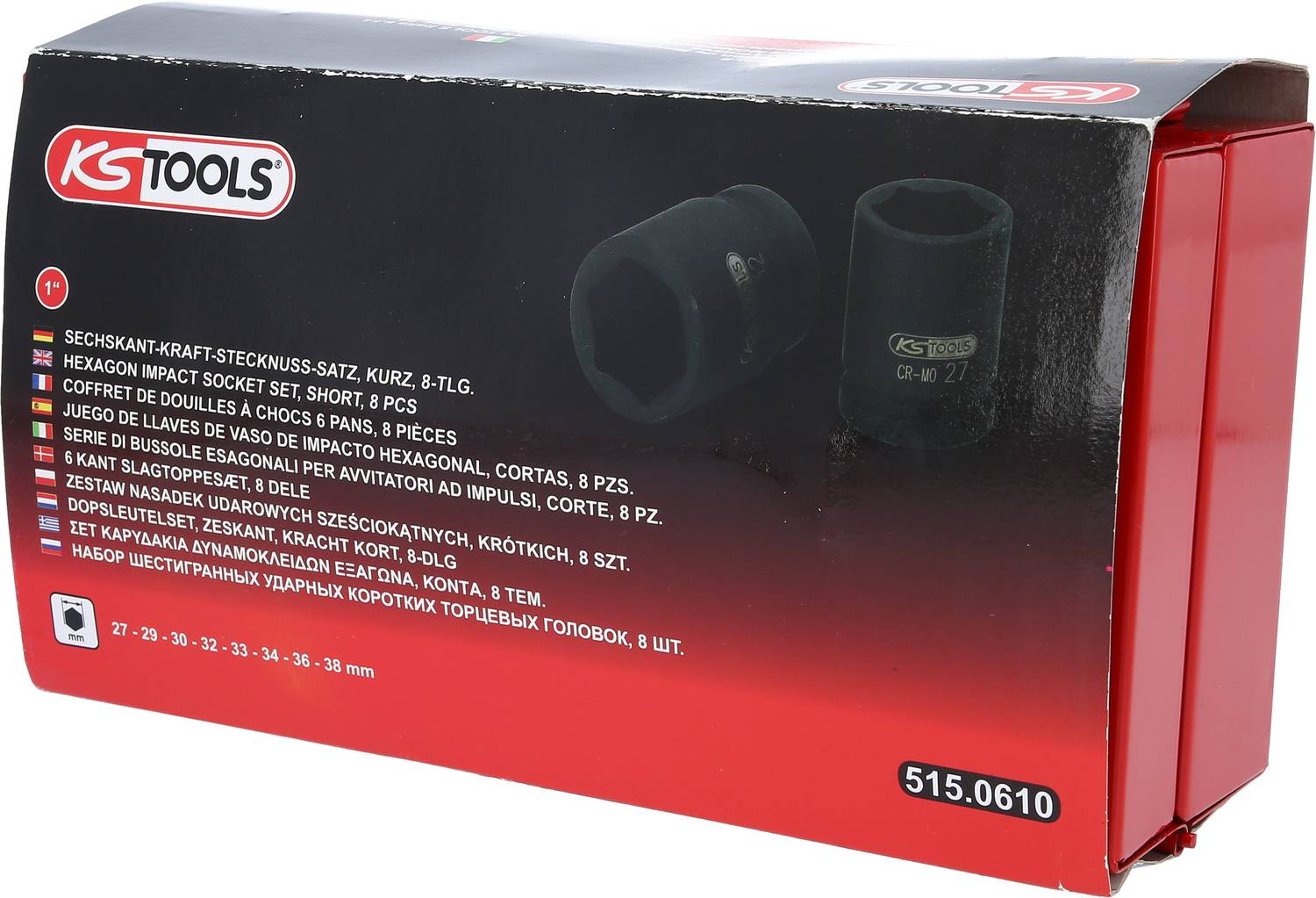 Verpackung eines 8-teiligen Sechskant-Steckschlüsselsatzes von KS Tools, zeigt Abbildung der Steckschlüssel und Größenangaben.