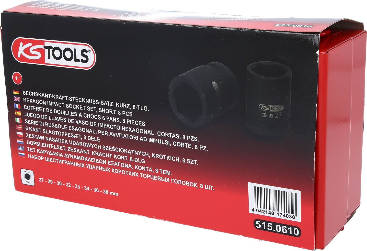 'Satz aus 8 kurzen Stecknüssen, Sechskant, 27-38 mm, von KS Tools. Verpackung in Schwarz und Rot. Artikelnummer: 515.0610.'