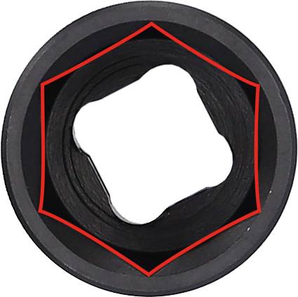 Ein schwarzes Sechskant-Bit mit roter Umrandung in Draufsicht, zeigt die Innenform zur Befestigung auf einem Werkzeug.