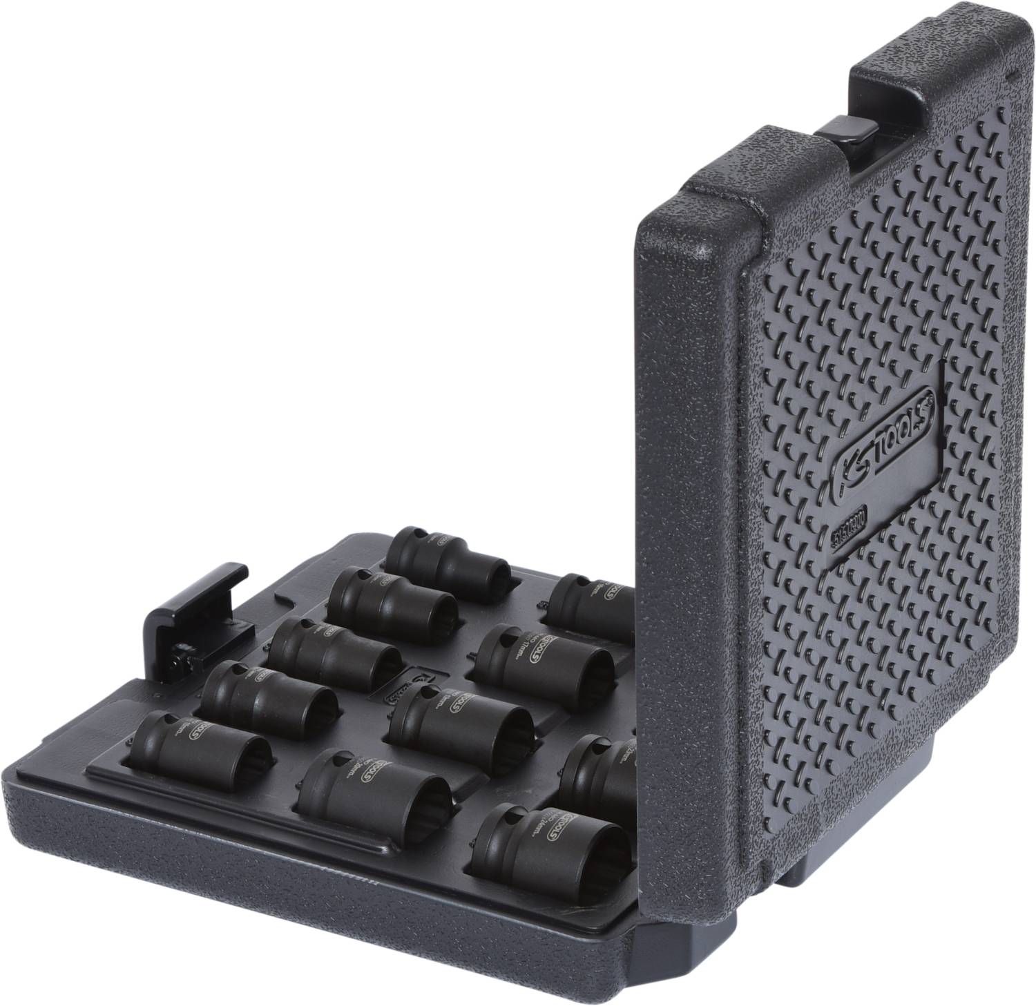 Ein offener schwarzer Werkzeugkoffer mit 10 Stecknüssen in verschiedenen Größen, die ordentlich in den dafür vorgesehenen Halterungen sitzen.