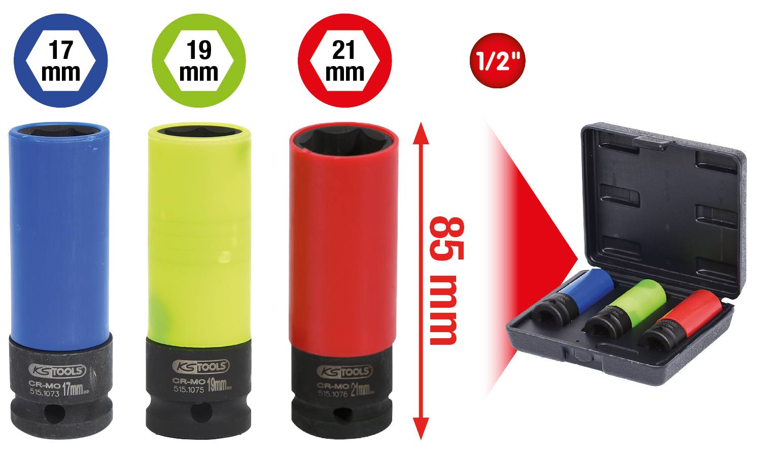 'Drei farbige Nüsse für Radmuttern in 17 mm (blau), 19 mm (grün) und 21 mm (rot) mit 85 mm Länge, präsentiert in einer schwarzen Box.'