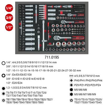 'Satz von Schraubenschlüsseln und Bits in verschiedenen Größen. Enthält 1/4", 3/8", 1/2" Antriebe, Kreuz- und Torx-Bits.'