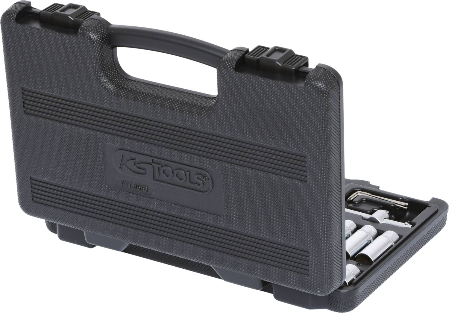 Ein schwarzer Werkzeugkoffer mit Griff, teilweise geöffnet, sodass einige Werkzeuge sichtbar sind. Aufschrift: 'KS Tools'.