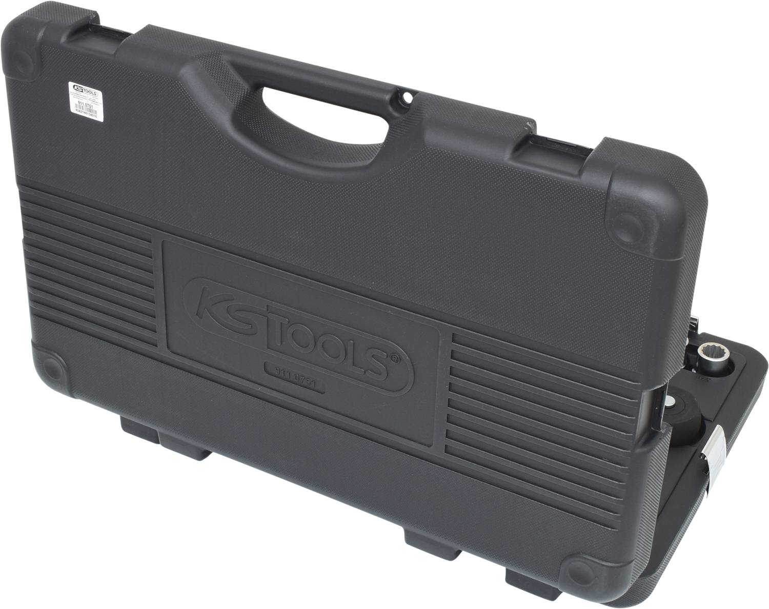 Ein schwarzer Koffer mit einem Tragegriff, beschriftet mit dem Logo 'KS Tools'.