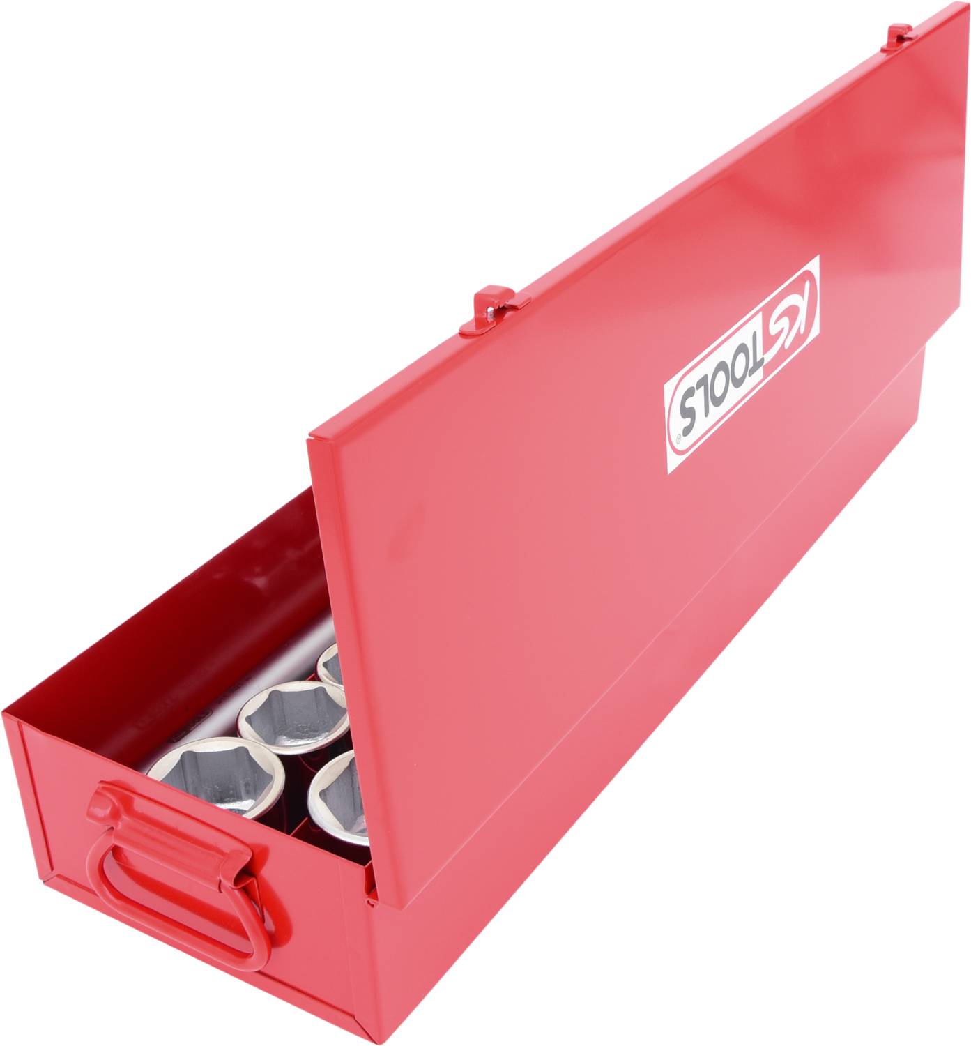 Roter Werkzeugkasten aus Metall mit offenem Deckel, der sechs Steckschlüssel zeigt. Aufschrift: 'KS TOOLS'.