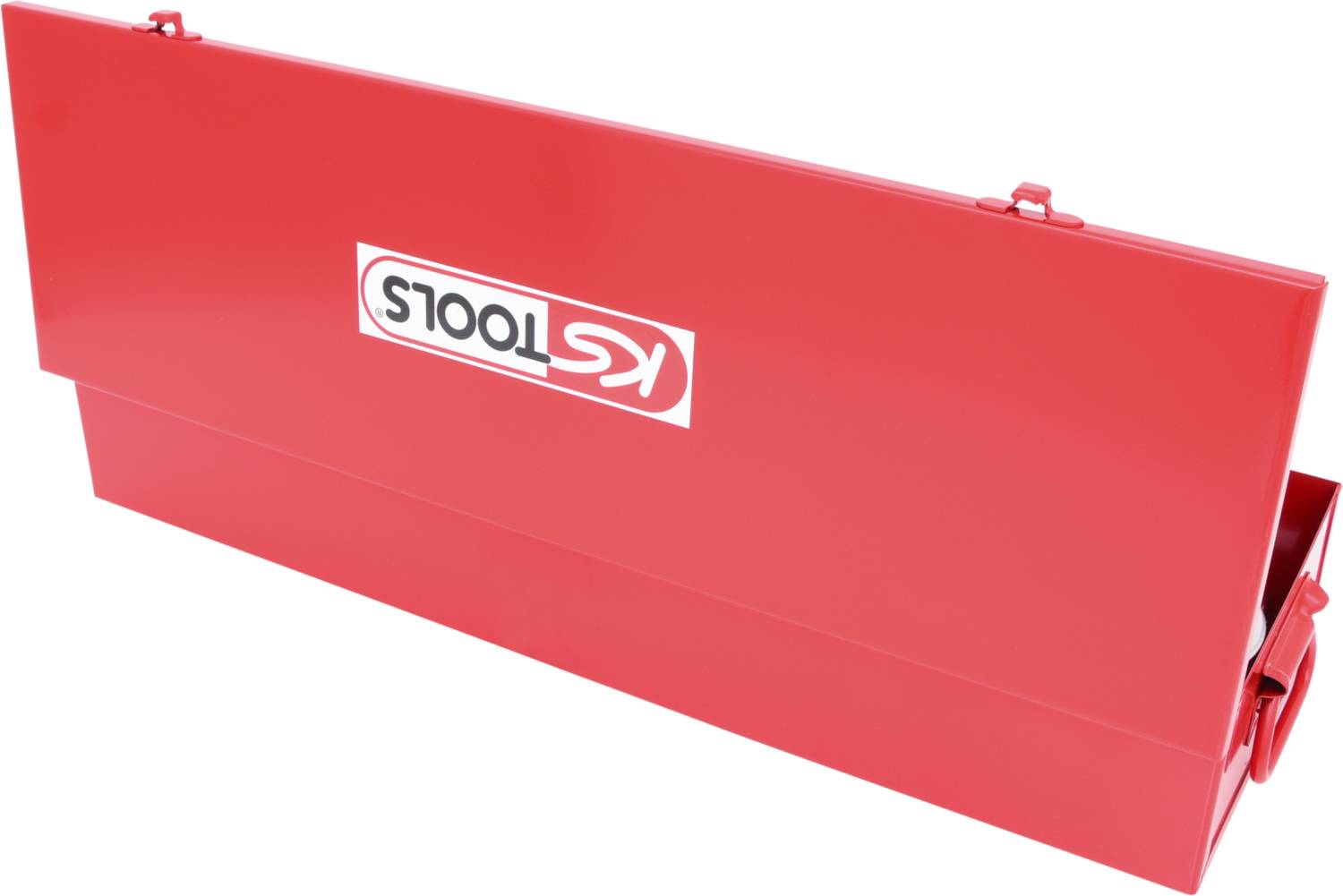 Rote Metall-Werkzeugkiste mit einem 'TOOLS'-Aufkleber. Die Kiste ist geschlossen und zeigt keine Werkzeuge.