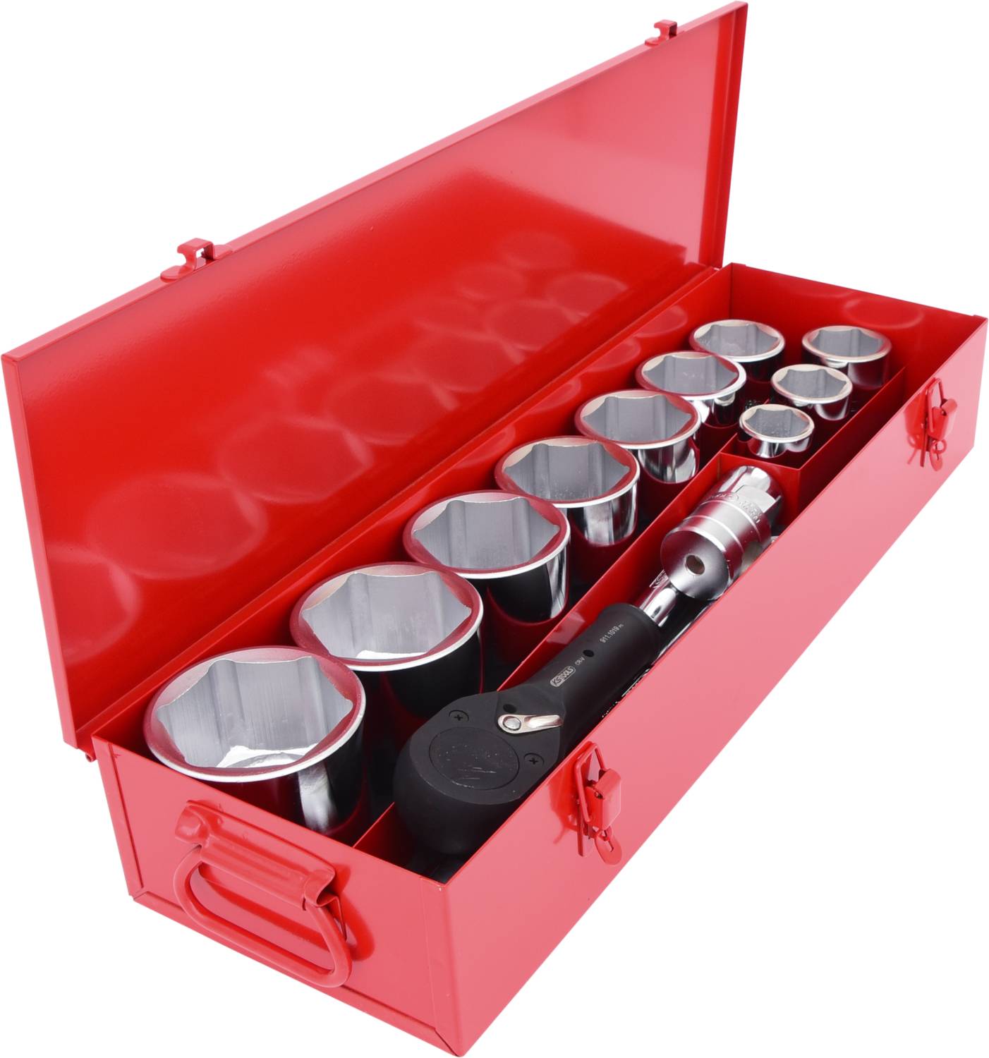 Roter Werkzeugkoffer mit 11 Stecknüssen und Drehmomentschlüssel. Ideal für mechanische Arbeiten und Reparaturen.