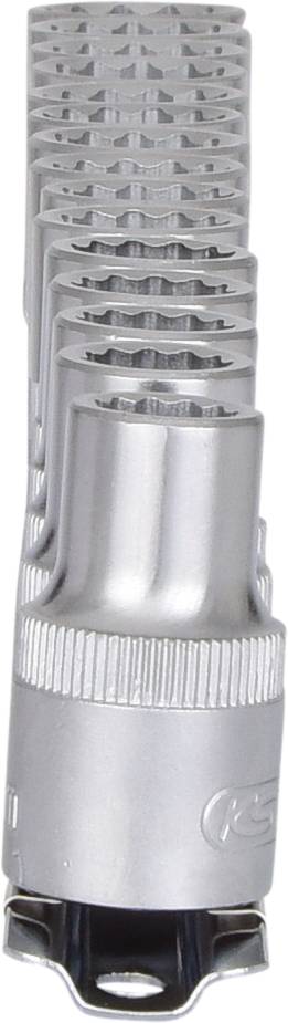 Ein silbernes Werkzeugaufsatz mit geriffeltem Griff für besseren Halt. Es scheint aus Metall gefertigt zu sein.