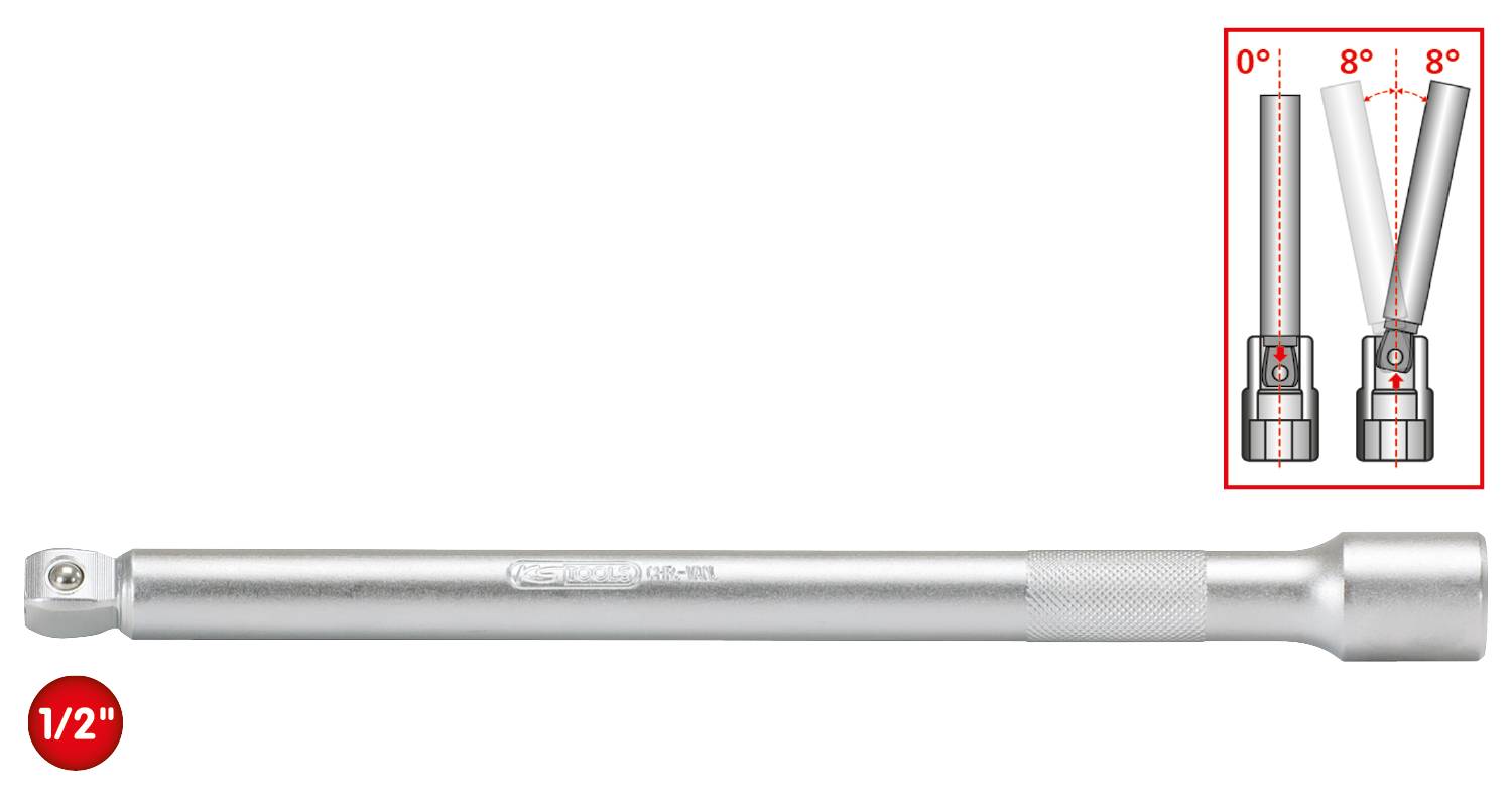 Ein silberner Verlängerungsstab mit Beweglichkeit von 0° bis 8°. Gezeigt in einem kleinen Diagramm. Aufschrift mit '1/2"' in rotem Kreis.