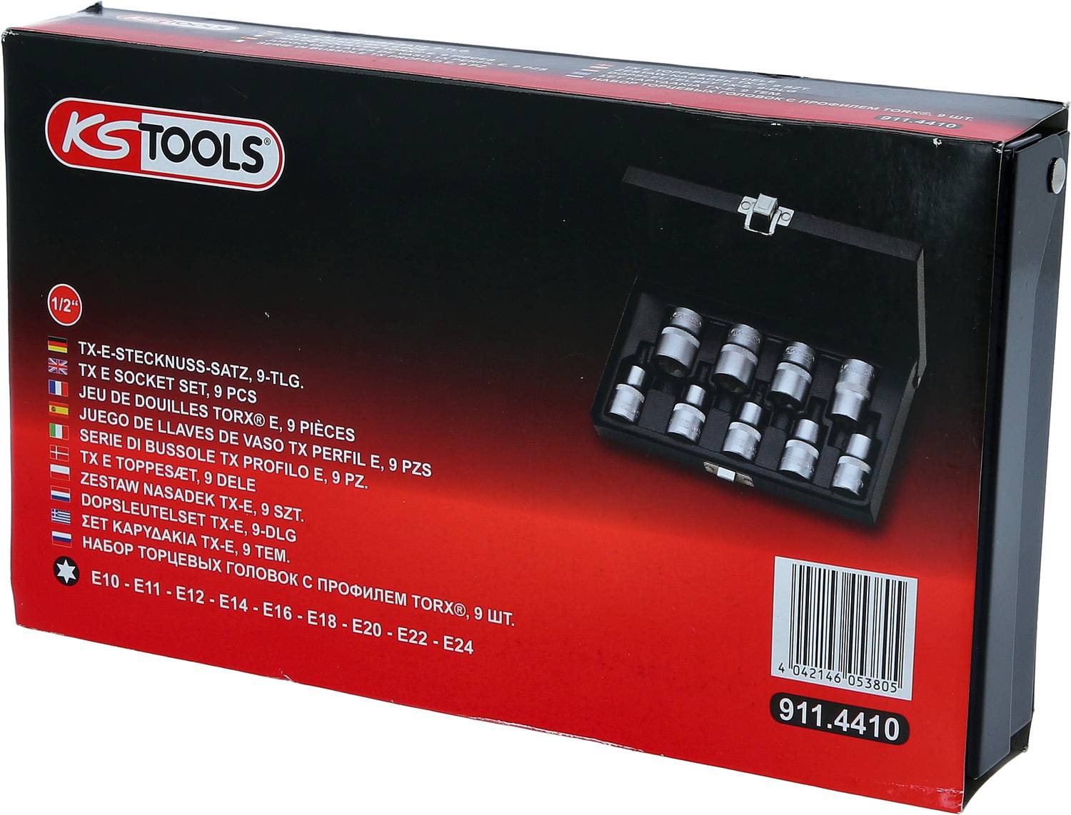 'KS Tools TX-E-Steckschlüsselsatz, 9-tlg. Enthält verschiedene Größen. Verpackung zeigt Produktbild und Seriennummer 911.4410.'