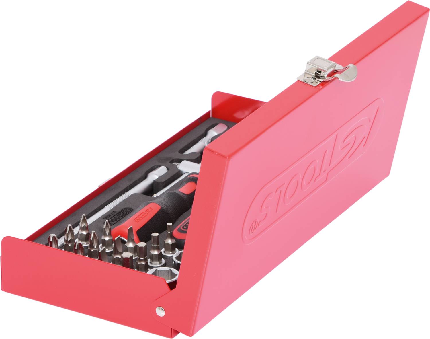 Ein roter Werkzeugkasten mit offenem Deckel zeigt verschiedene Schraubendreheraufsätze und Werkzeuge geordnet im Inneren.