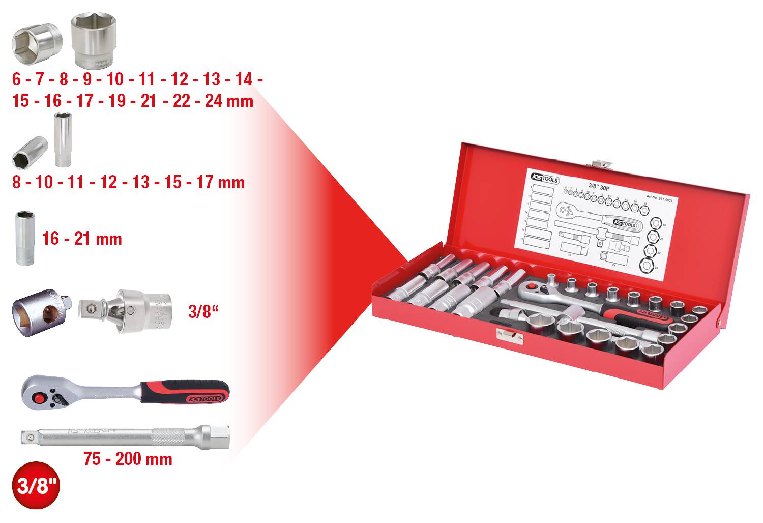 'Steckschlüssel-Set in roter Box, Größen von 6 bis 24 mm, enthält Umschaltknarre, Verlängerungen. Hauptgrößen hervorgehoben: 3/8 Zoll.'