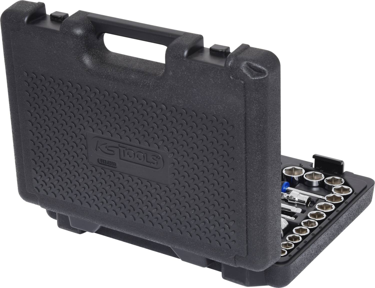 'Werkzeugkoffer aus schwarzem Kunststoff mit offenem Deckel, zeigt verschiedene Steckschlüsseleinsätze und Werkzeuge.'