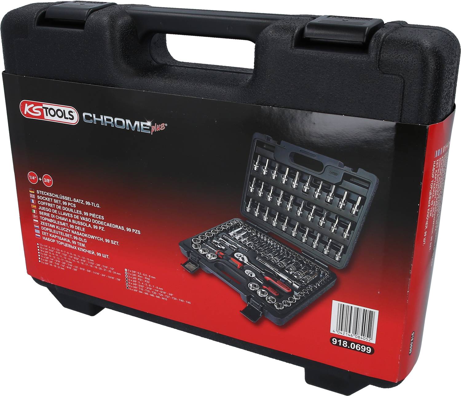 Schwarzer Werkzeugkoffer mit roten Akzenten, zeigt ein abgebildetes Steckschlüsselsatz-Set von KS TOOLS. Artikelnr. 918.0699.