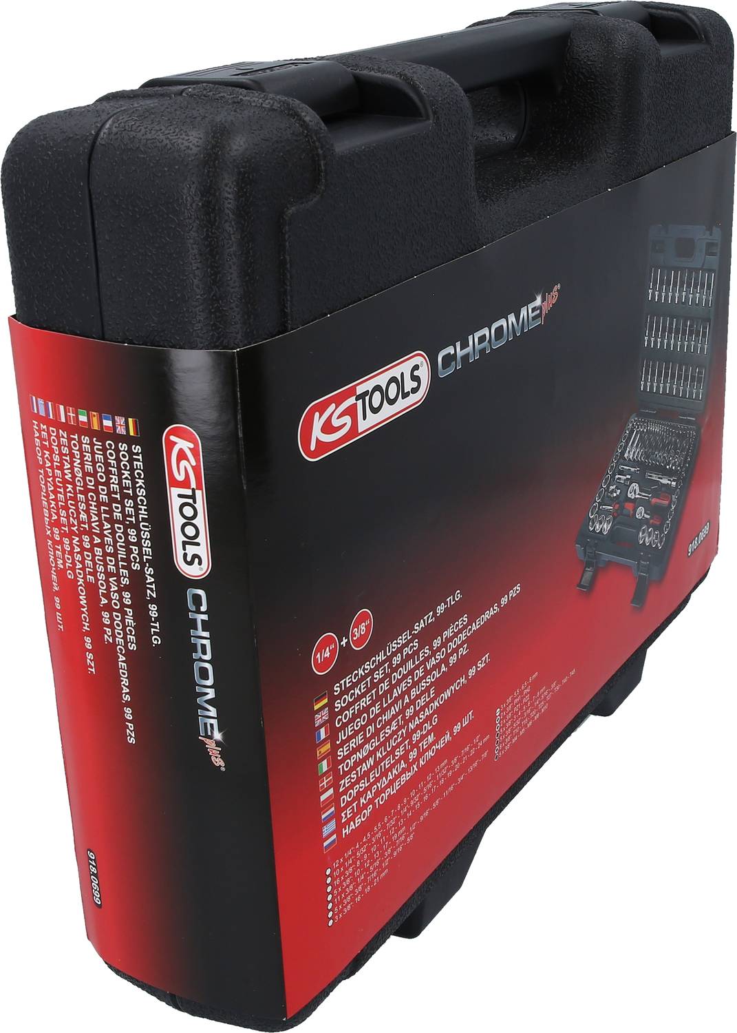 Werkzeugkoffer von KS Tools, schwarz mit roter Banderole, zeigt verschiedene Stecknussgrößen und Werkzeuge.