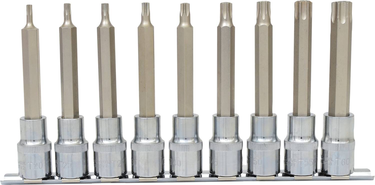 'Satz von neun langen Torx-Bits in verschiedenen Größen, aufgereiht in einer Halterung, mit silbernen Metallverbindungen.'