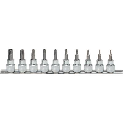 Ein Set von zehn Torx-Schraubendreher-Bits in verschiedenen Größen, auf einer Metallhalterung angeordnet.