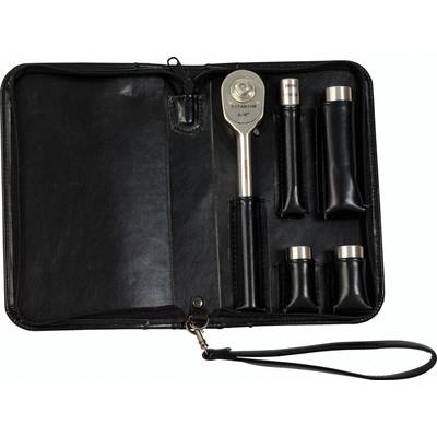 Schwarzes Etui mit einem Drehmomentschlüssel und verschiedenen Aufsätzen. Enthält halbkugelförmige und zylindrische Gegenstände.