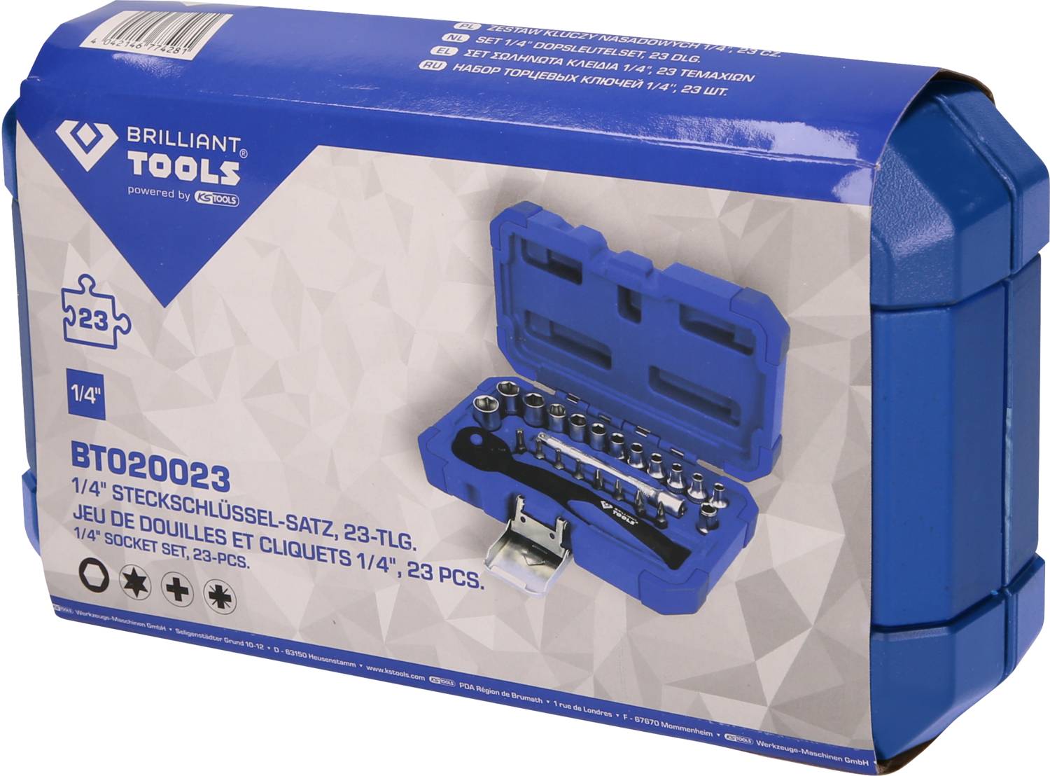 Werkzeugkasten 'BRILLIANT TOOLS' mit 23-tlg. Steckschlüssel-Satz. Beinhaltet Klickverschluss, Ratschen und Nüsse.