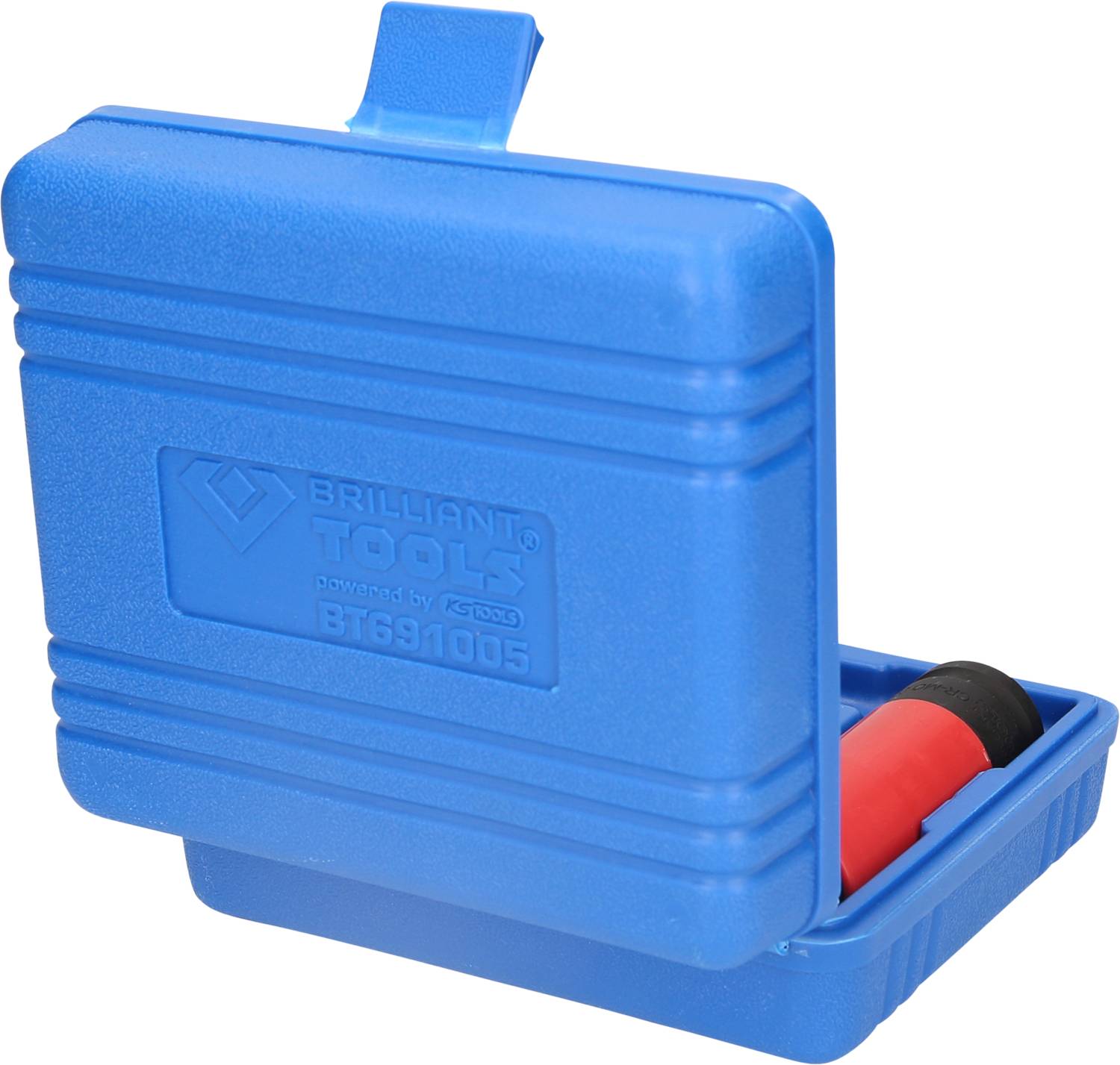 Blauer Kunststoffkoffer mit Aufschrift 'Brilliant Tools', teilweise geöffnet. Enthält ein rotes Werkzeug oder Objekt.